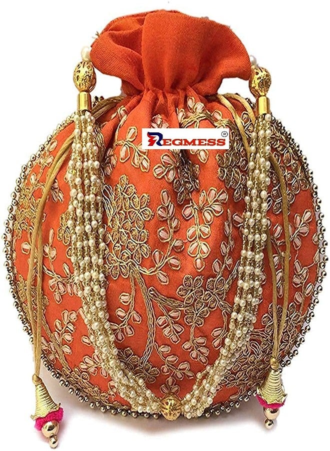 REGMESS Rajasthani Style Royal Clutch Silk Batwa Bag/Ethnic Potli Women's Potli/potli for Gift/potli for Women Party (Orange) - Image 1